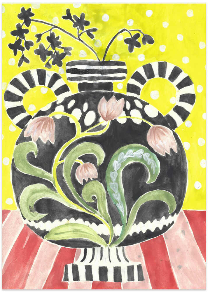 Folksy Greek Vase On Striped Table