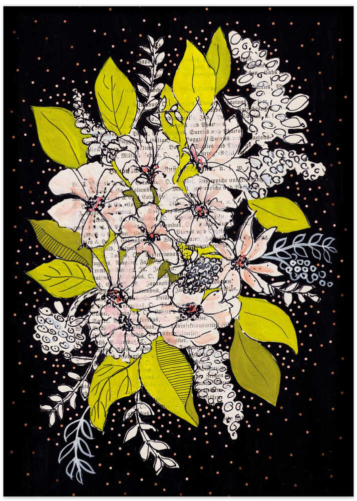 Expressive bouquet of flowers with black background gouache painting