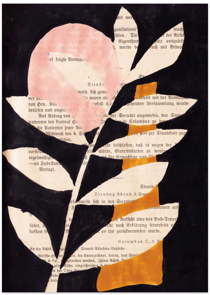 Abstract leaves with black background gouache painting