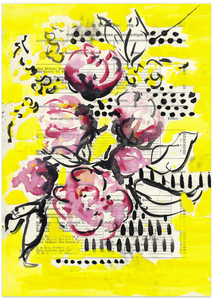 Painted sketch of a rose on yellow background