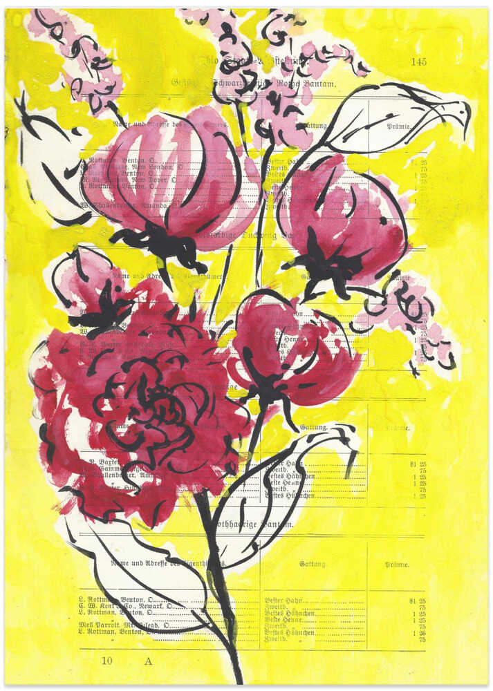 Painted sketch of a rose branch on a yellow background