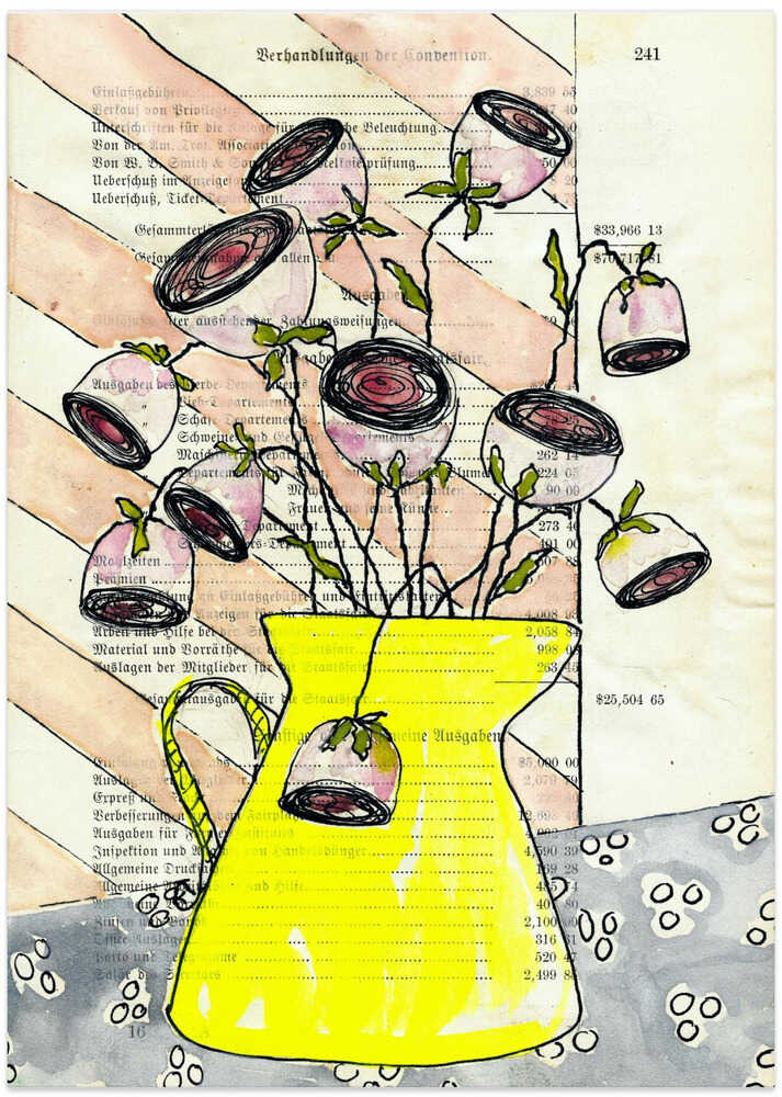 Jug with roses in front of striped wallpaper