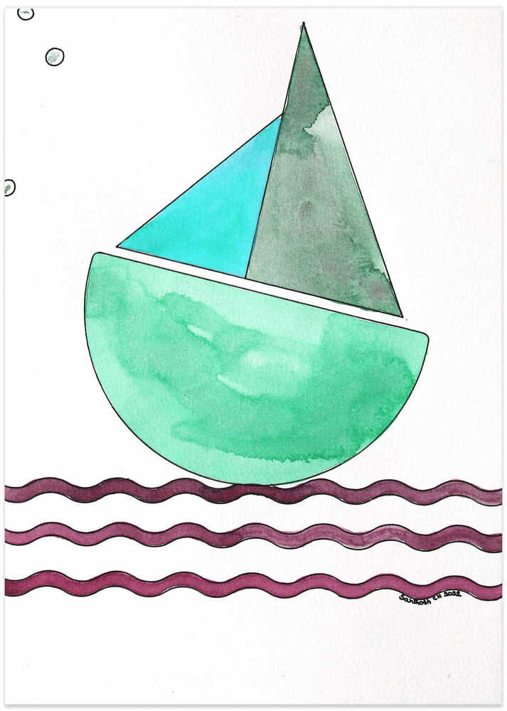 Geometric Boat with Teal and Green Sails