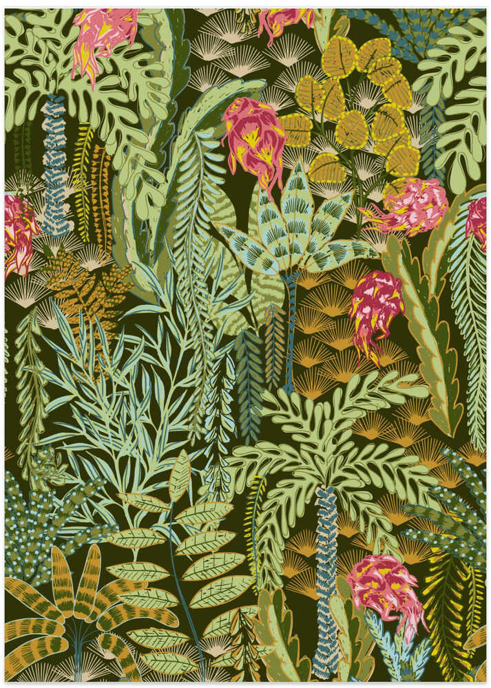 tropical lounge with dragon fruit emerald pattern