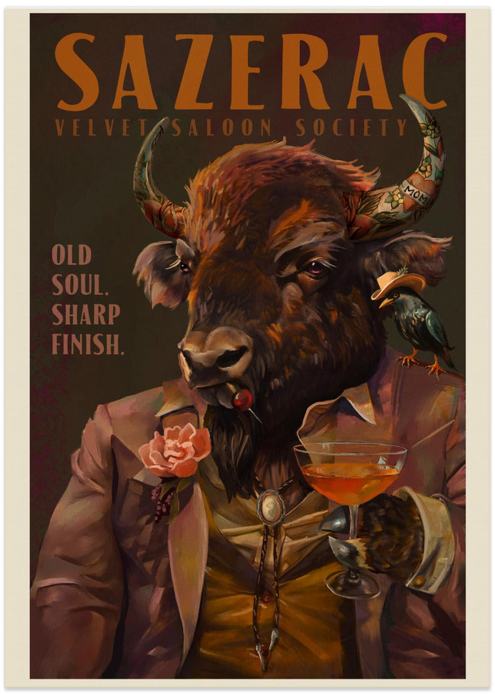 Buffalo Drinking Sazerac Cocktail. Alcohol & Liquor Bar Art