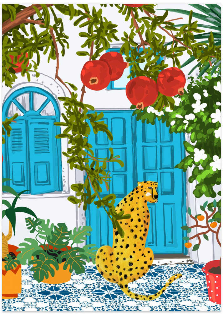 Cheetah Villa, Morocco Architecture Illustration, Greece Cats Tropical Urban Jungle Pomegranate