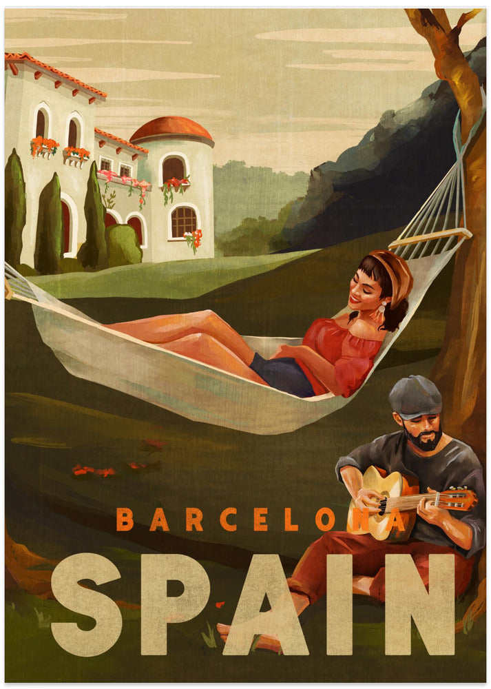 Barcelona Spain Guitar Player Travel Art