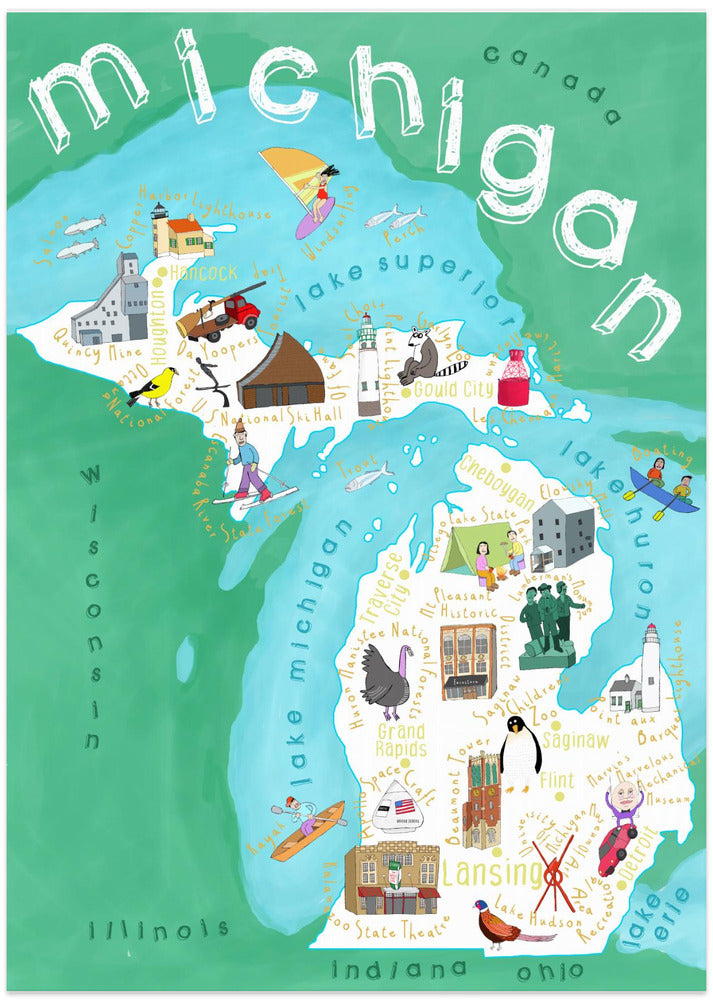 Illustrated Map of Michigan, USA by Artist Carla Daly