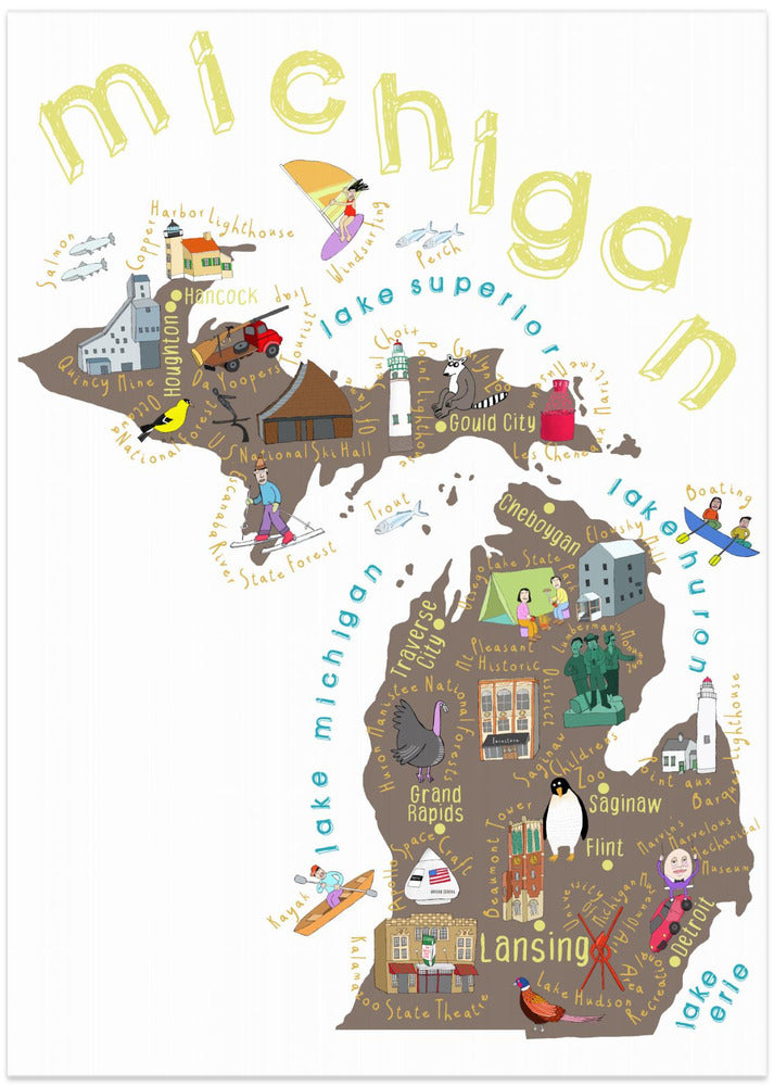 Illustrated Map of Michigan, USA by Artist Carla Daly