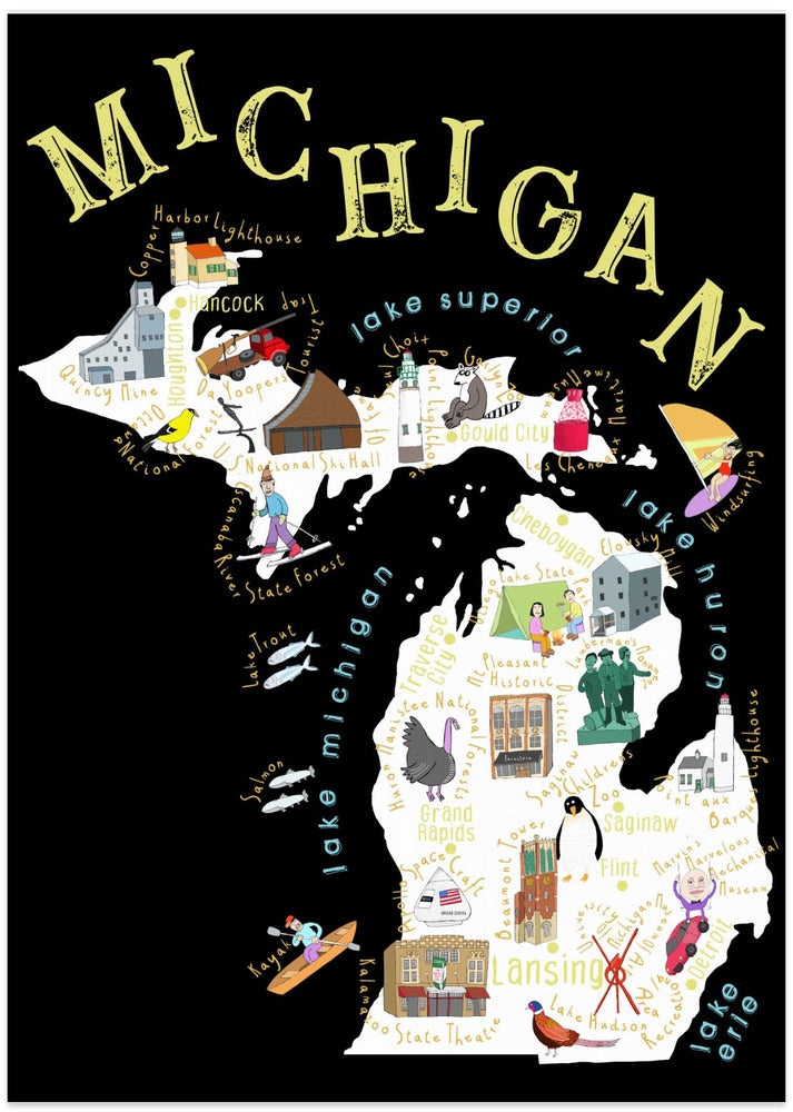 Illustrated Map of Michigan, USA by Artist Carla Daly