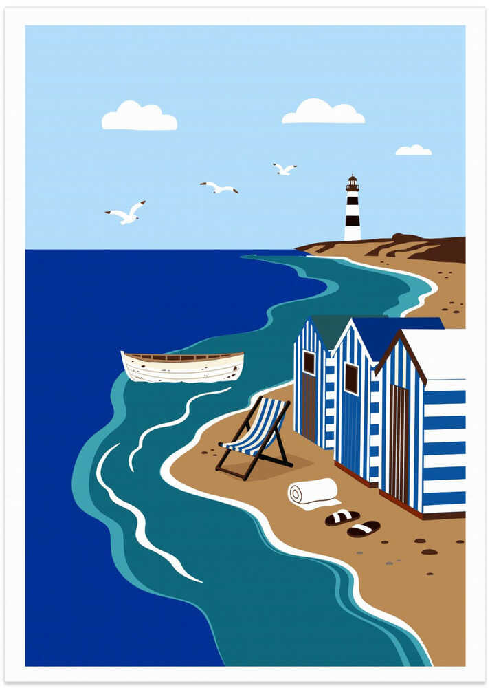 Seaside Beach Huts and Lighthouse