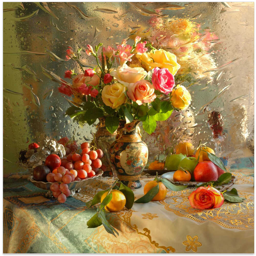 Still life with flowers and fruits