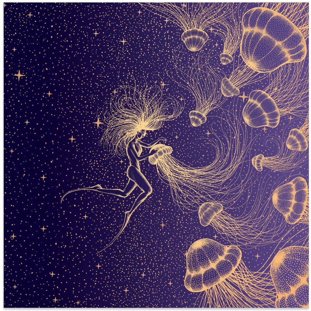 Starry Jellyfish and Diver (golden Lines & Purple Space)