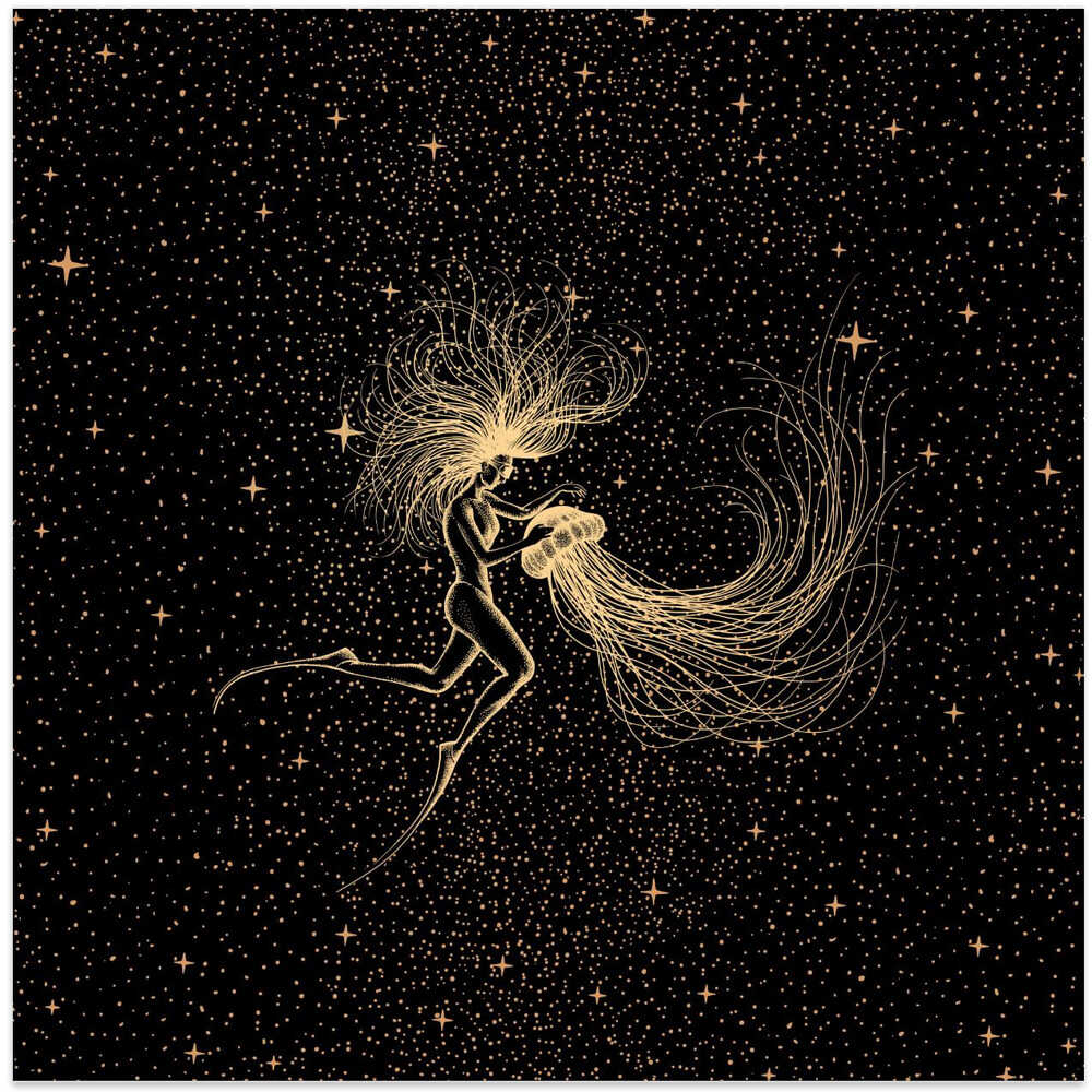 Diver & Jellyfish Solo (Color Grad Turquoise)