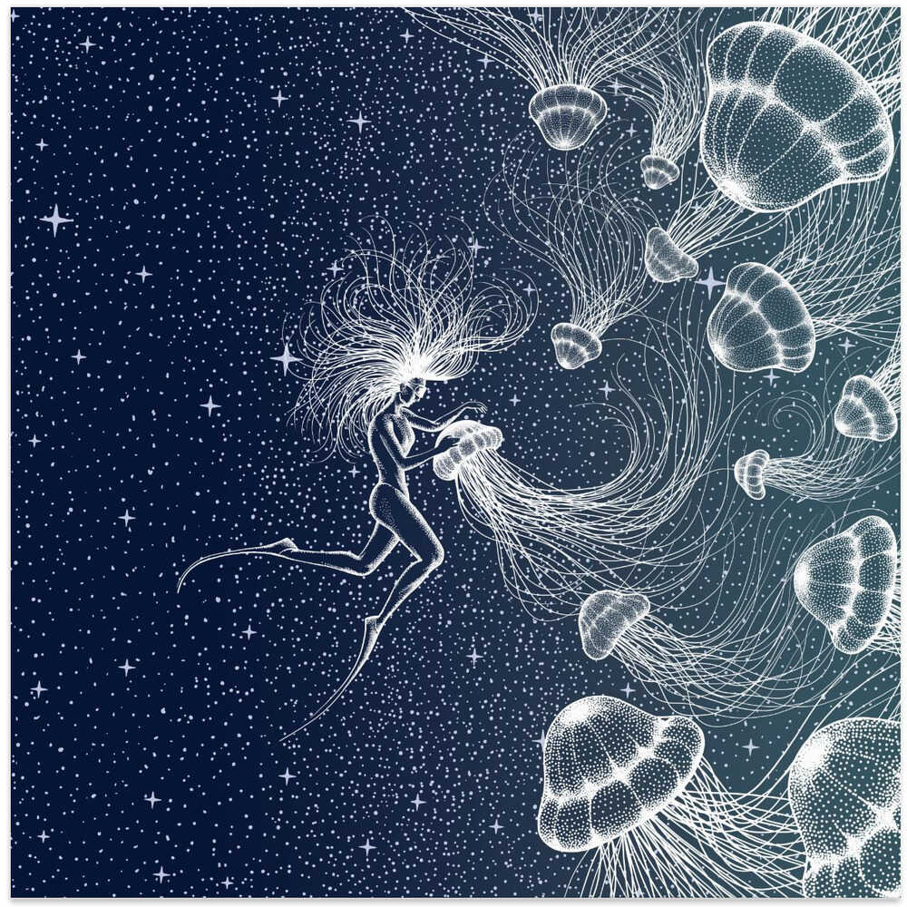 Starry Jellyfish and Diver (golden Lines & Purple Space)