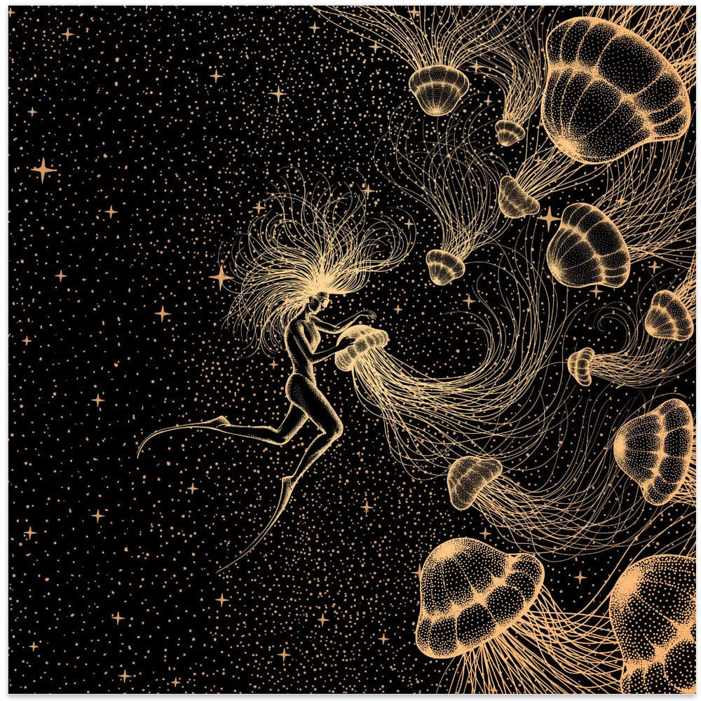 Starry Jellyfish and Diver (golden Lines & Purple Space)
