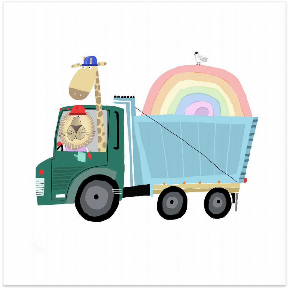 Lion & Giraffe in Construction Truck with Rainbow