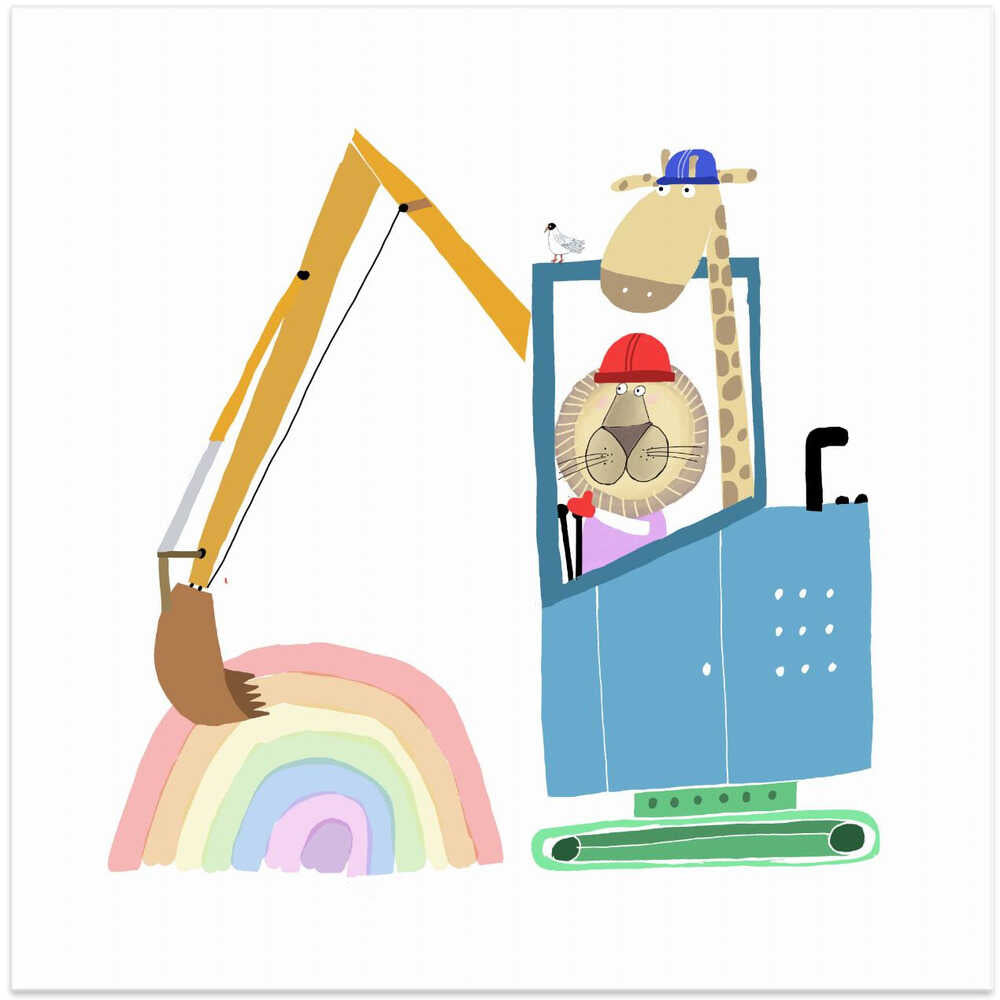 Lion and Giraffe Construction Wokers with Rainbow by Carla Daly