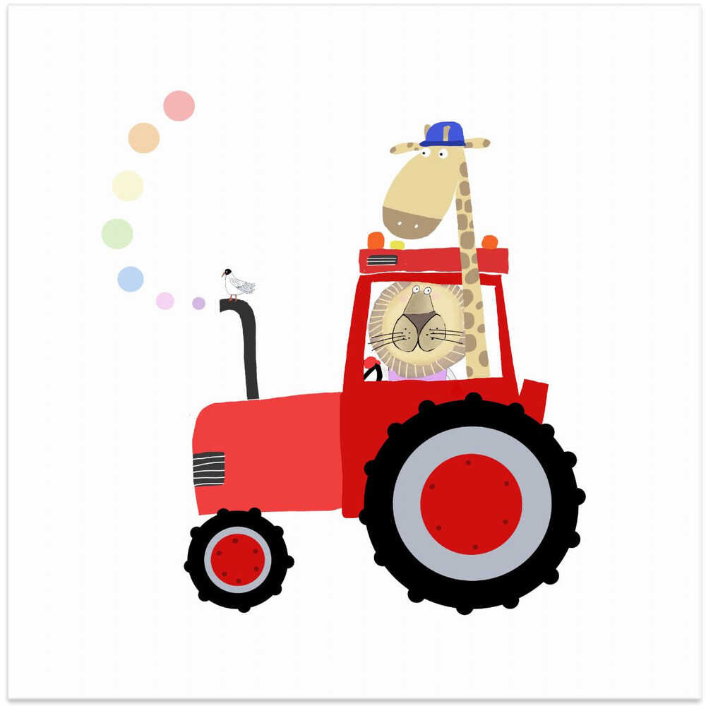 Giraffe and Lion in Red Tractor with Rainbow Spots by Carla Daly
