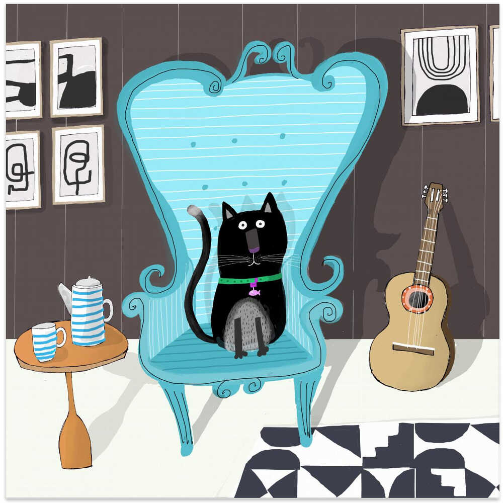 Cute Black Cat sitting on Blue Armchair by Artist Carla Daly
