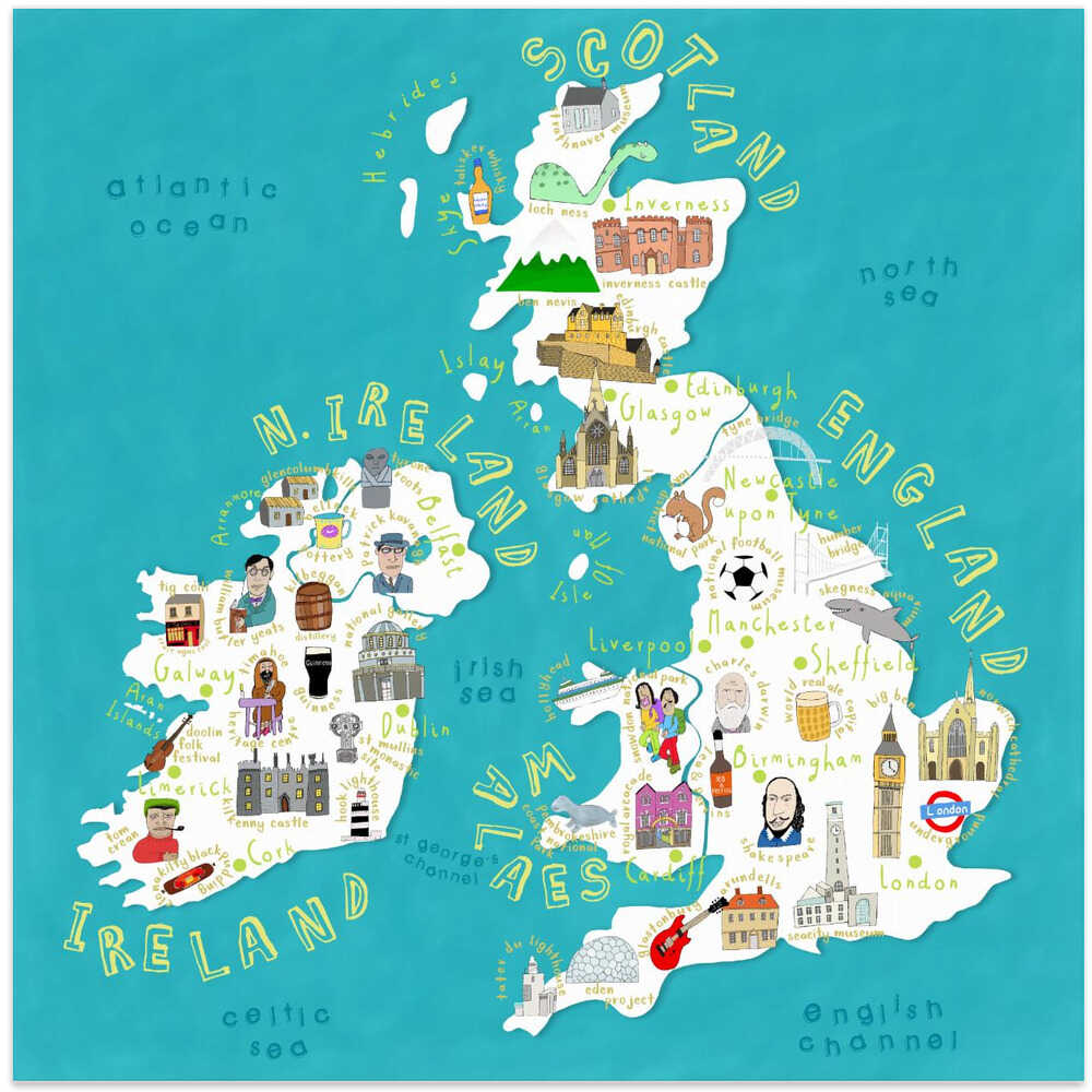 Map of UK and Ireland with Country Icons by Artist Carla Daly
