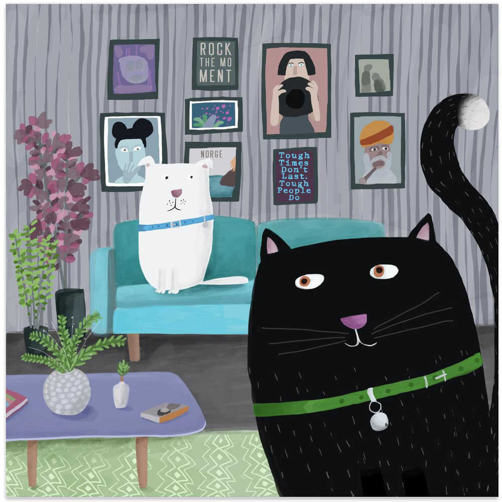 Black Cat and White Dog in Trendy Interior by Carla Daly