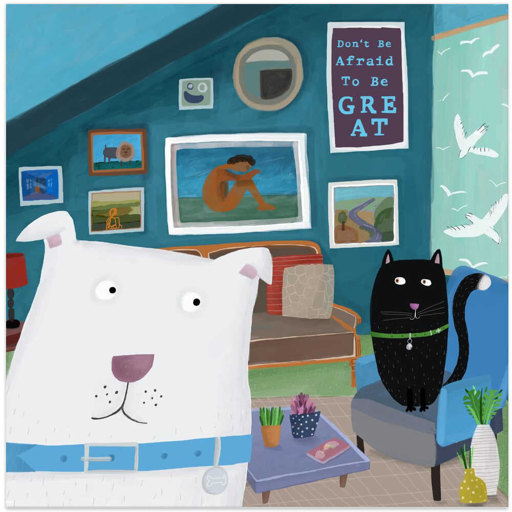 Cute White Dog with Black Cat in Designer Interior