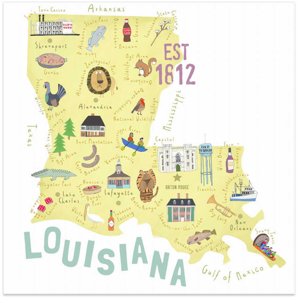 Beautifully Illustrated Map of Louisiana by Artist Carla Daly