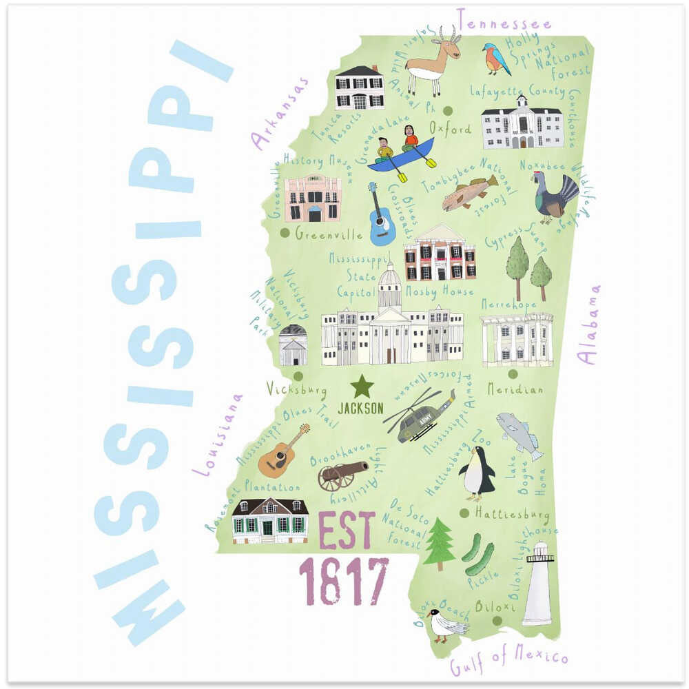 Illustrated Map of the State of Mississippi by Carla Daly