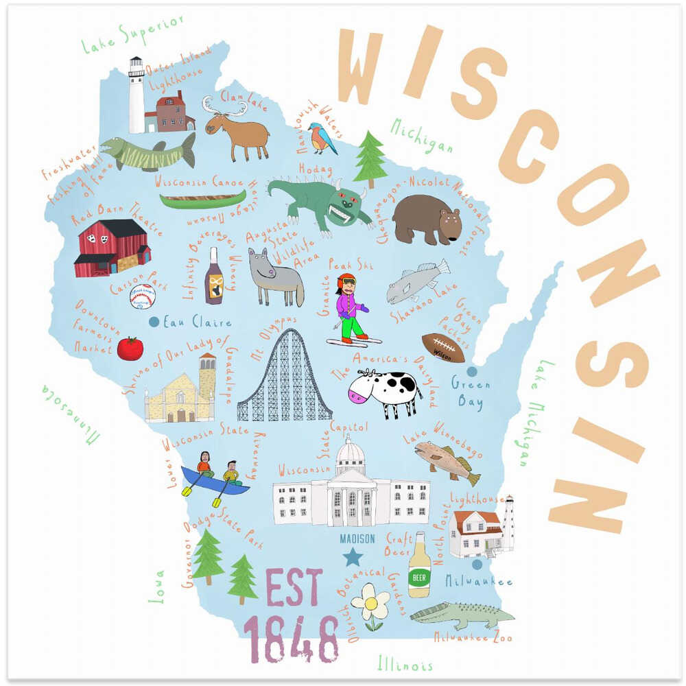Wisconsin State Illustrated by Map Artist Carla Daly
