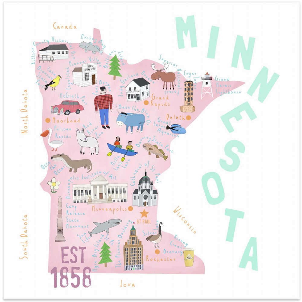 Minnesota Map Illustration with State Icons by Carla Daly