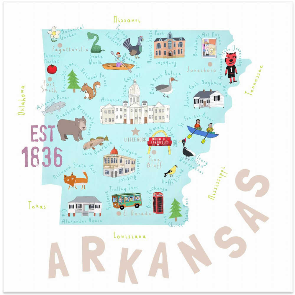Map of Arkansas illustrated by Artist Carla Daly