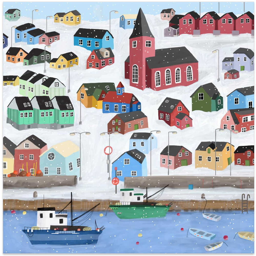 Snowy Town with fishing Boats by Artist Carla Daly