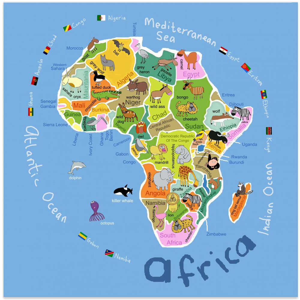 Illustrated Map of Africa with Countries and Cute Animals by Carla Daly