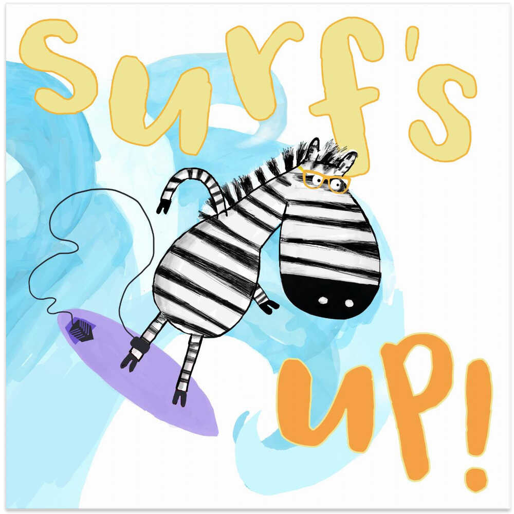 Surfs Up! Cute Zebra Surfing the Waves by Artist Carla Daly