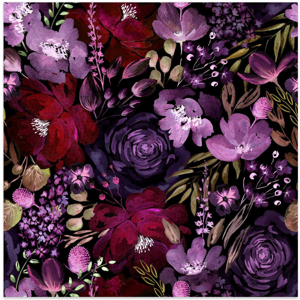 Floral Chaos Watercolor Pattern Dark Red and Purple