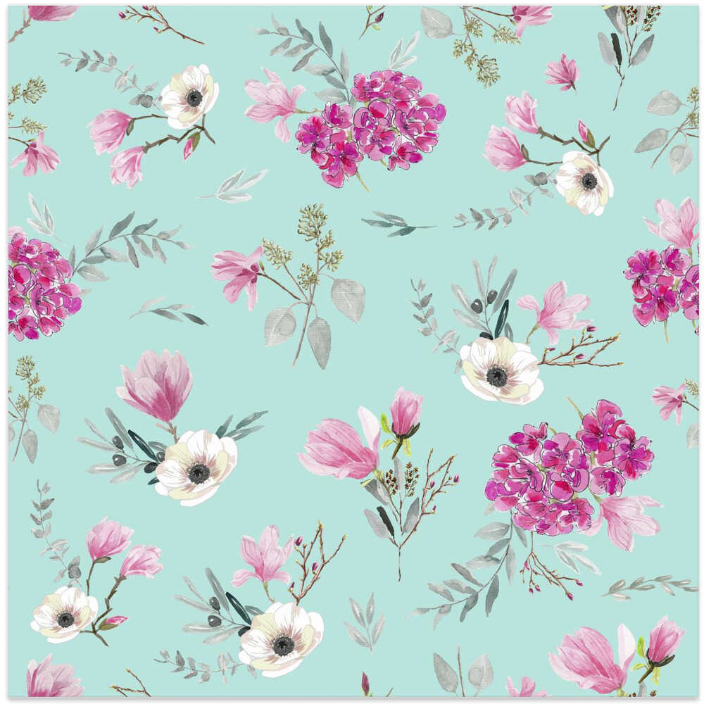 Floral Bouquets Pattern Acqua and Pink