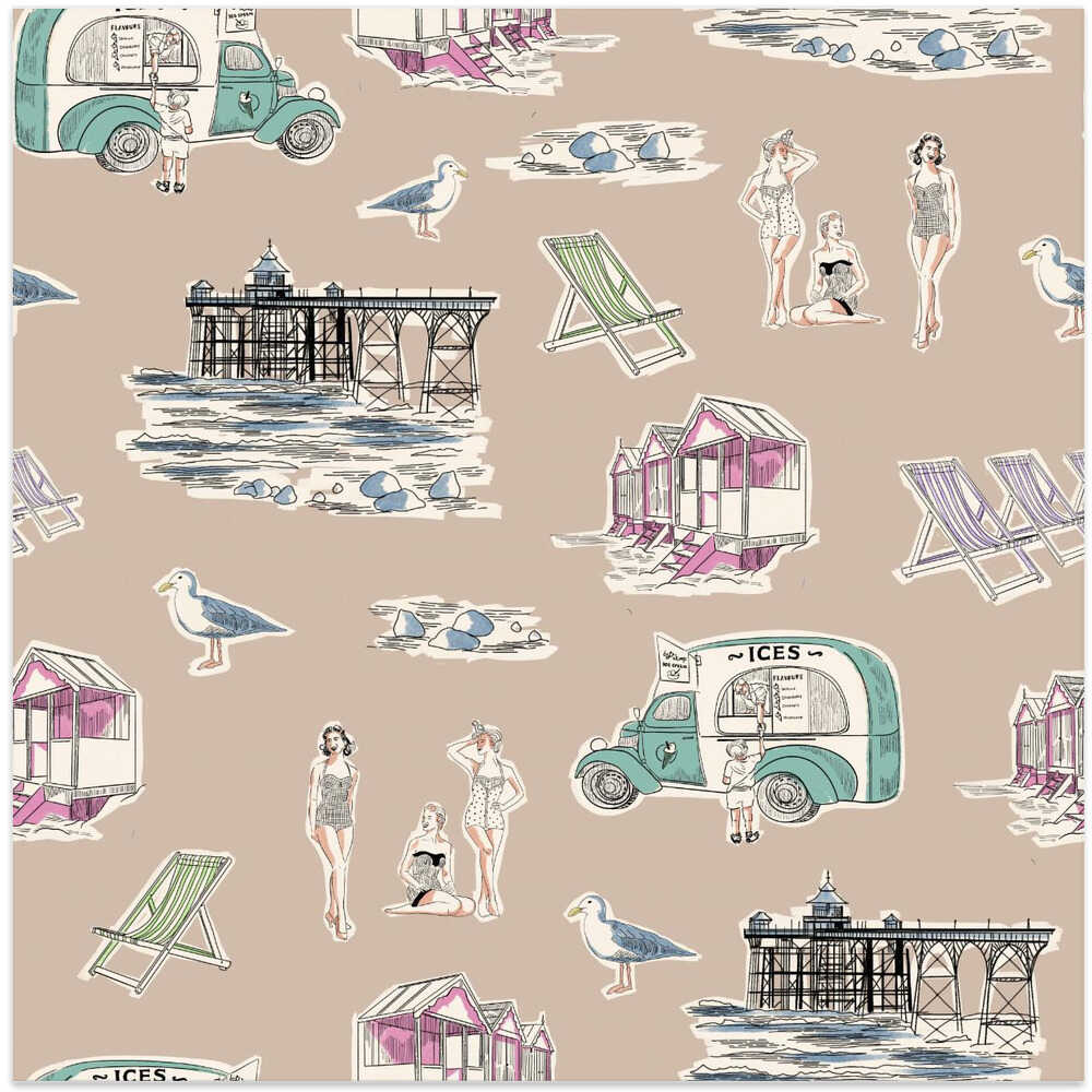 Retro Beach Bathers Toile Taupe