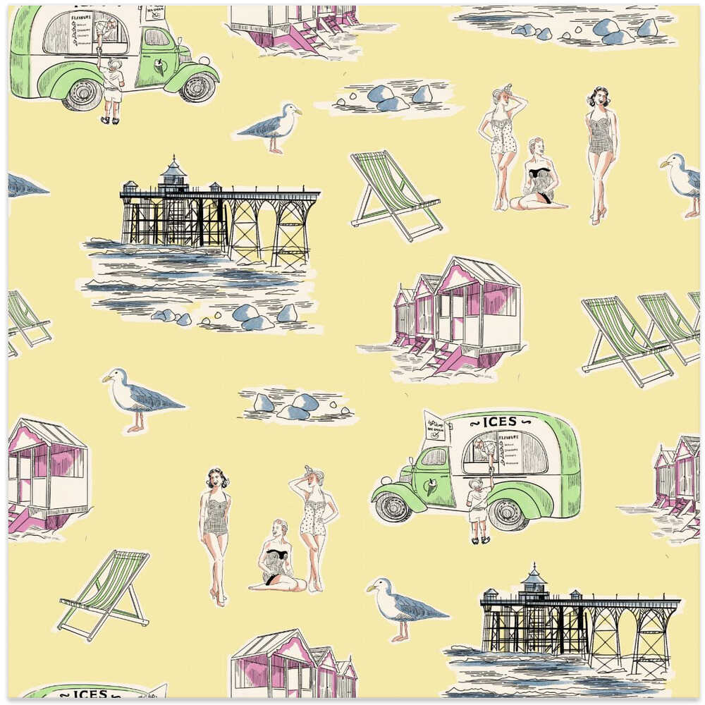 Retro Beach Bathers Toile primrose