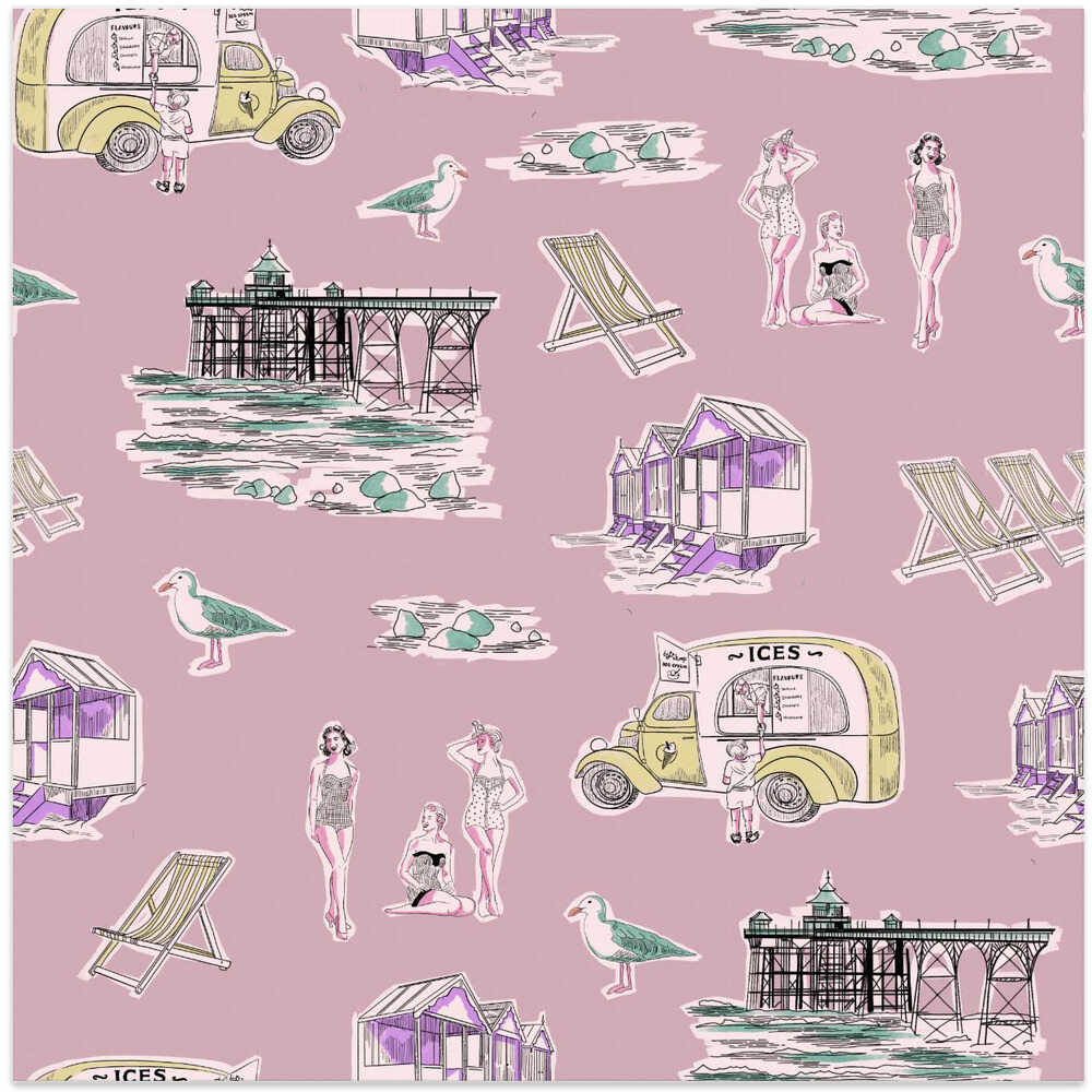 Retro Beach Bathers Toile pink