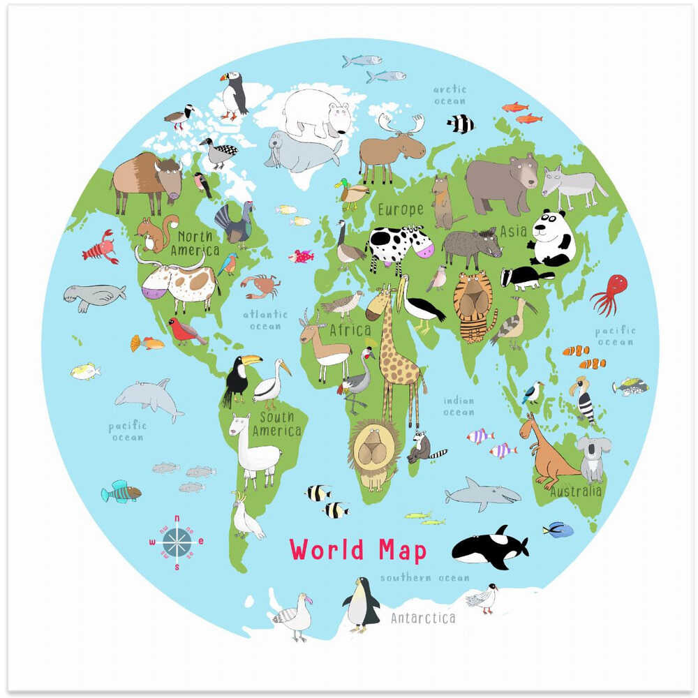Illustrated World Map Animals and Fish Light Blue By Carla Daly