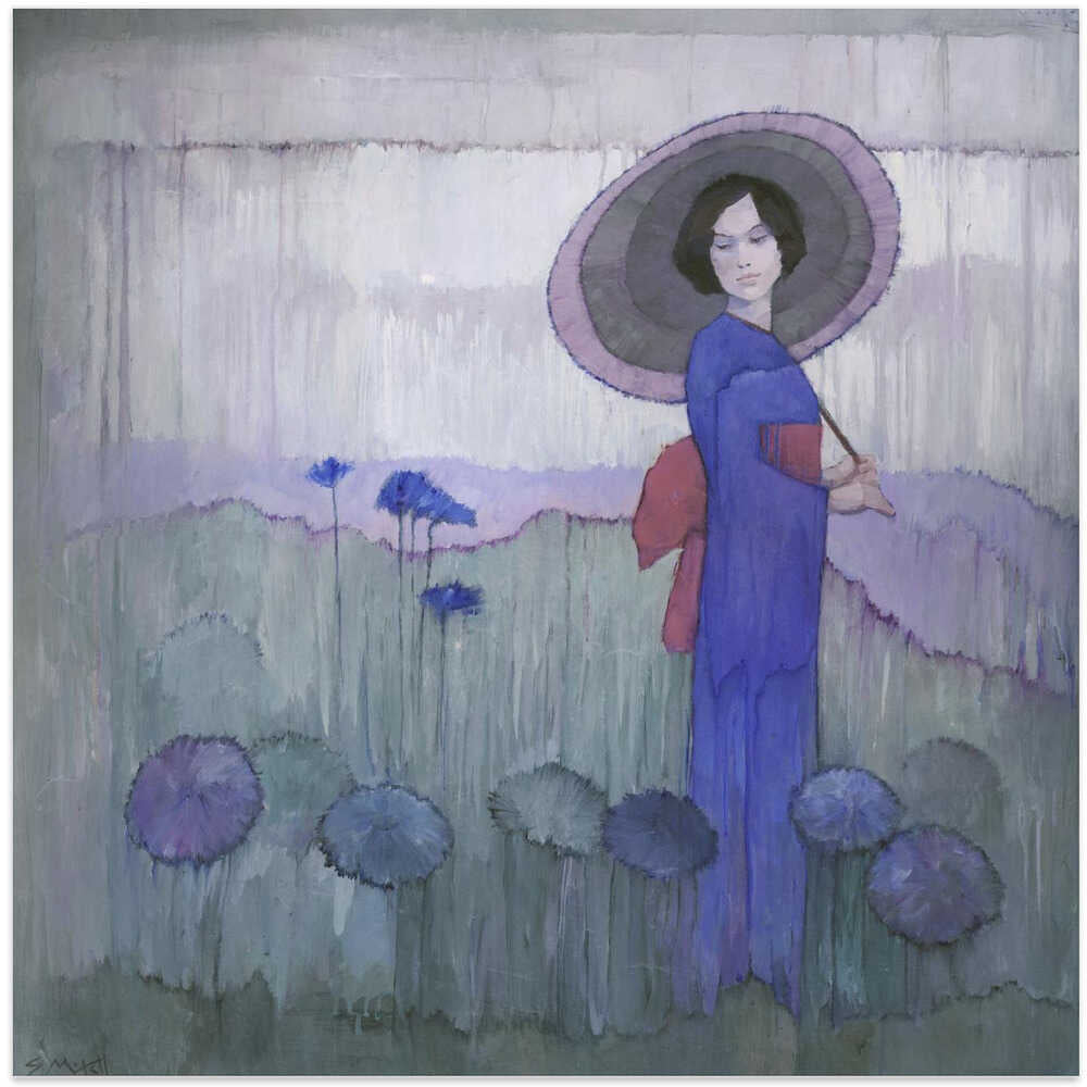 Woman In A Blue Kimono With An Umbrella