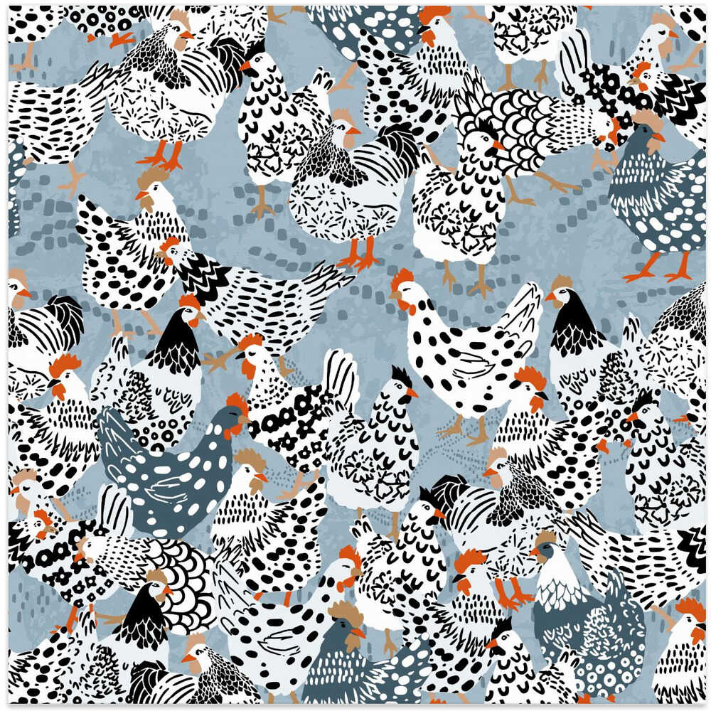 Blue chicken family pecking on the ground