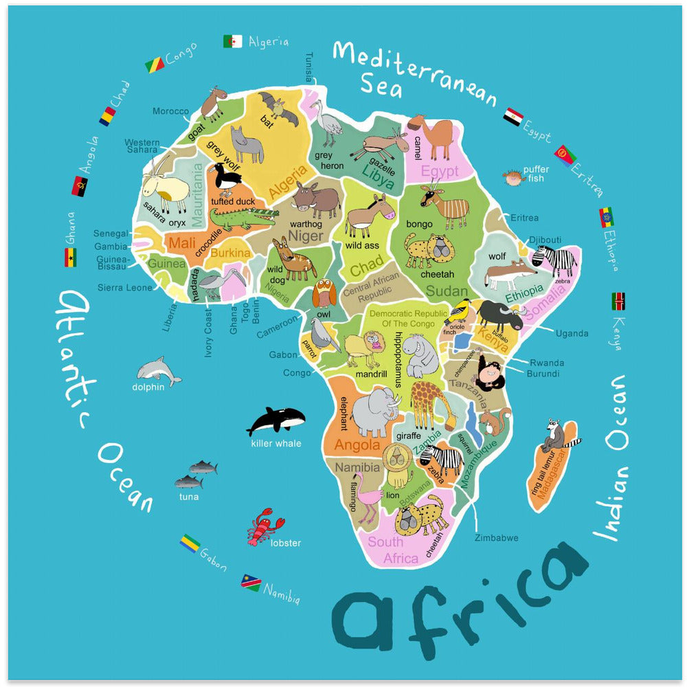 Illustrated Map of Africa with Countries and Cute Animals by Carla Daly