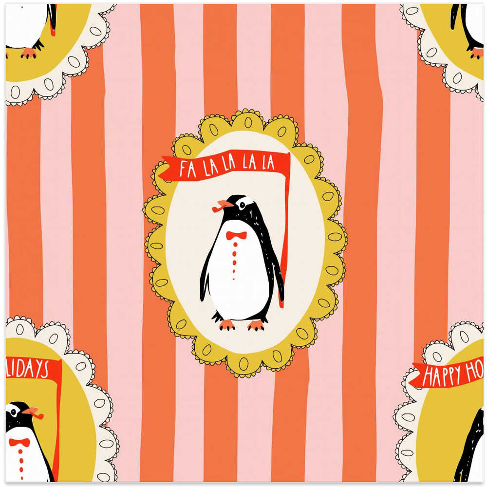 Framed festive penguins portrait Merry Christmas coral red pattern