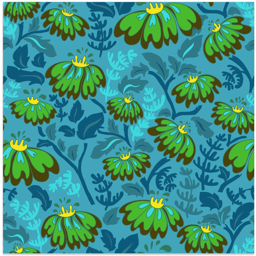 Maximalism 70s Retro Flowers Largo Teal pattern