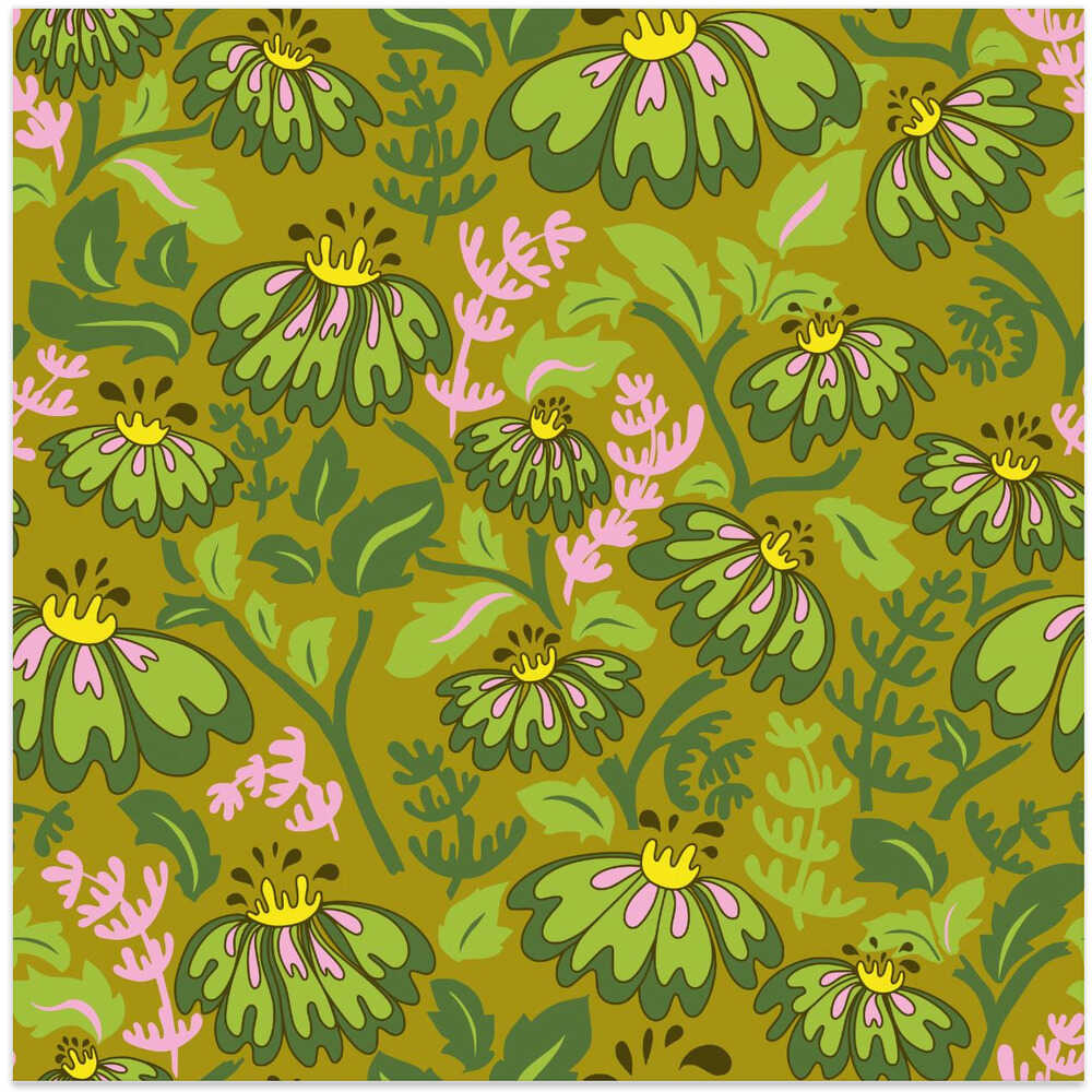 Maximalism 70s Retro Flowers Meadowland Green pattern
