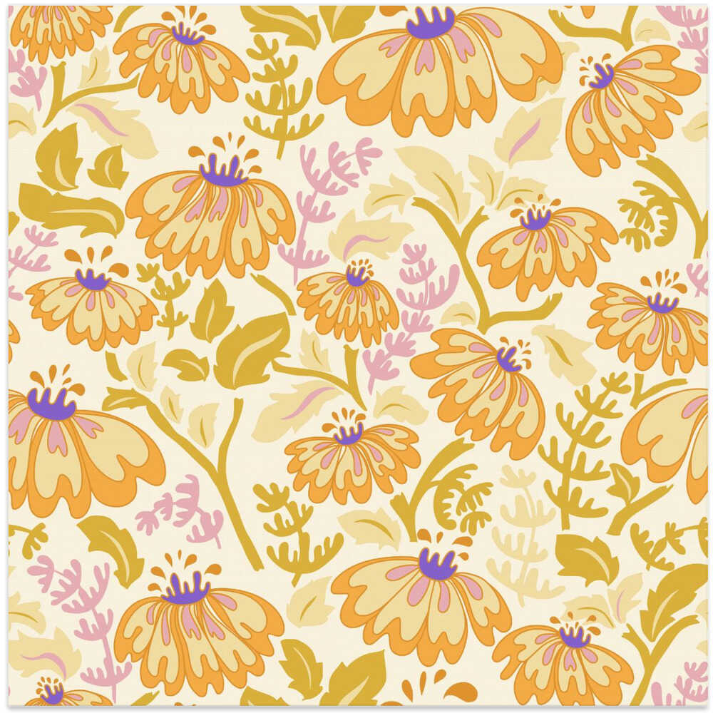 Maximalism 70s Retro Flowers Buttercup yellow and lilac pattern