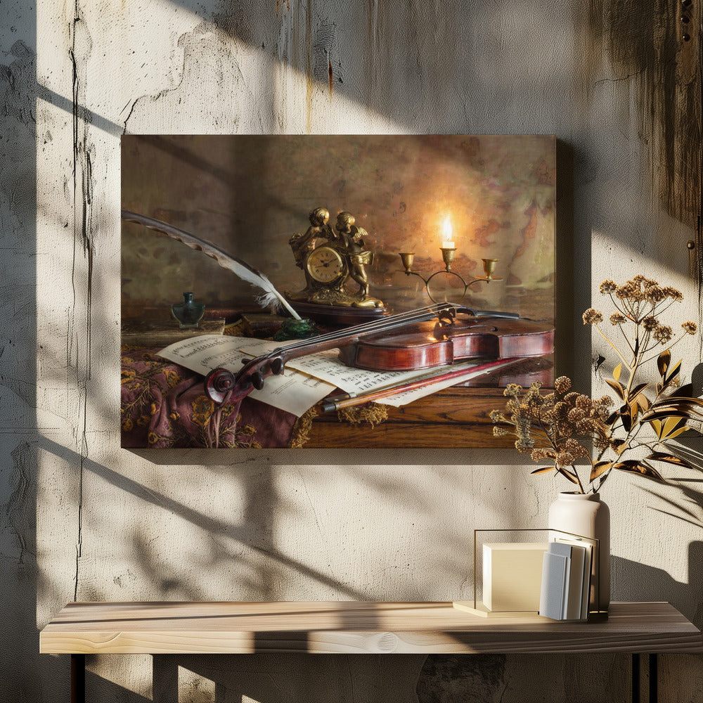 Still life with violin and clock