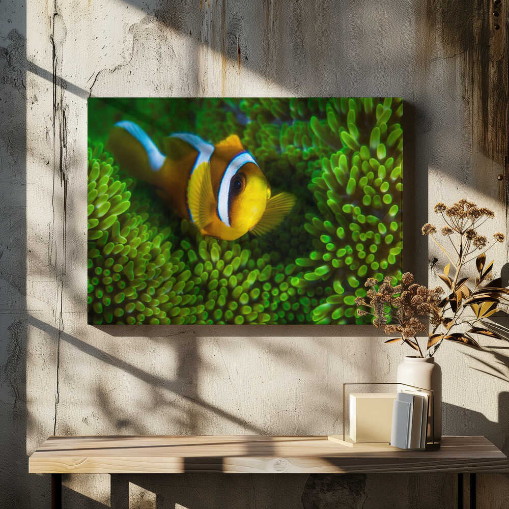 Yellow clownfish on green anemon